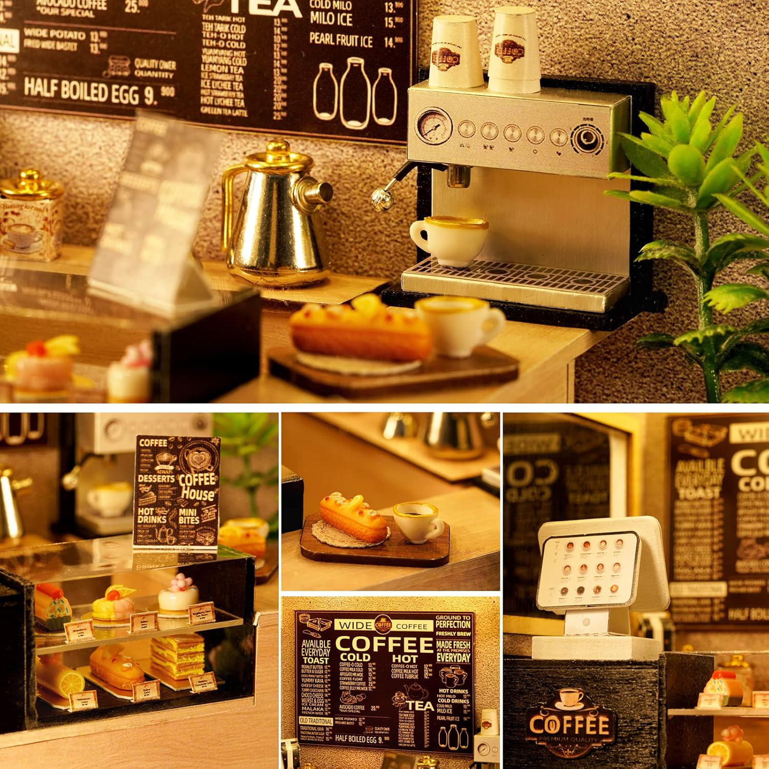 Miniatur-Kaffeehaus mit Kaffeemaschine, Kuchen, Speisekarte und Registrierkasse. Detaillierte und farbenfrohe Szene.