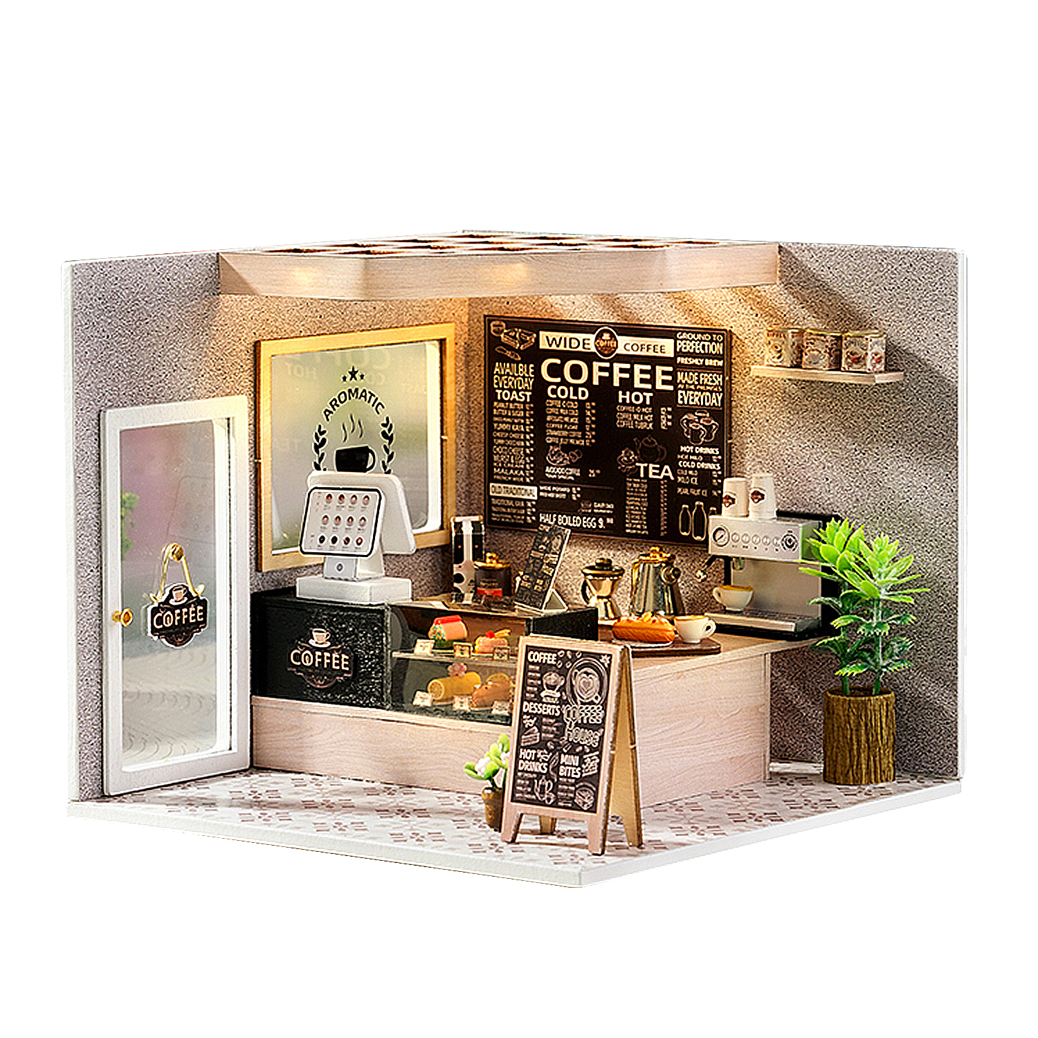 Miniatur-Kaffeeladen-Modell mit Speisekarte, Theke, Espressomaschine und kleiner Pflanze. Der Laden hat eine offene Tür.