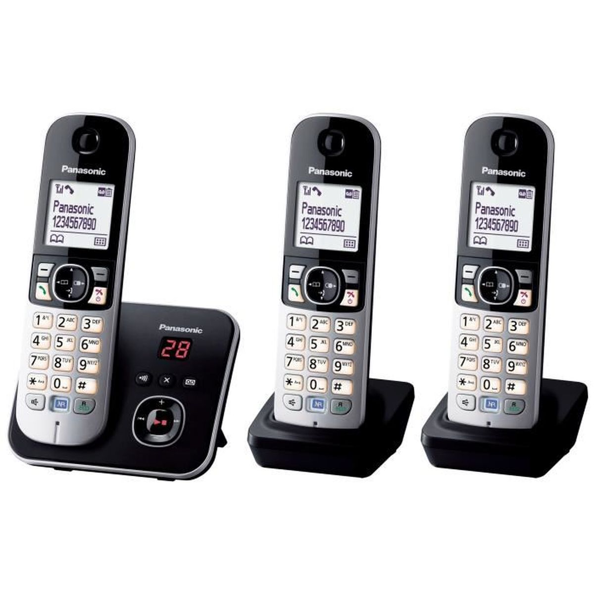 Drei schnurlose Panasonic-Telefone. Eines auf einer Basis mit Anzeige '28'. Jedes hat einen Bildschirm und Zifferntasten.