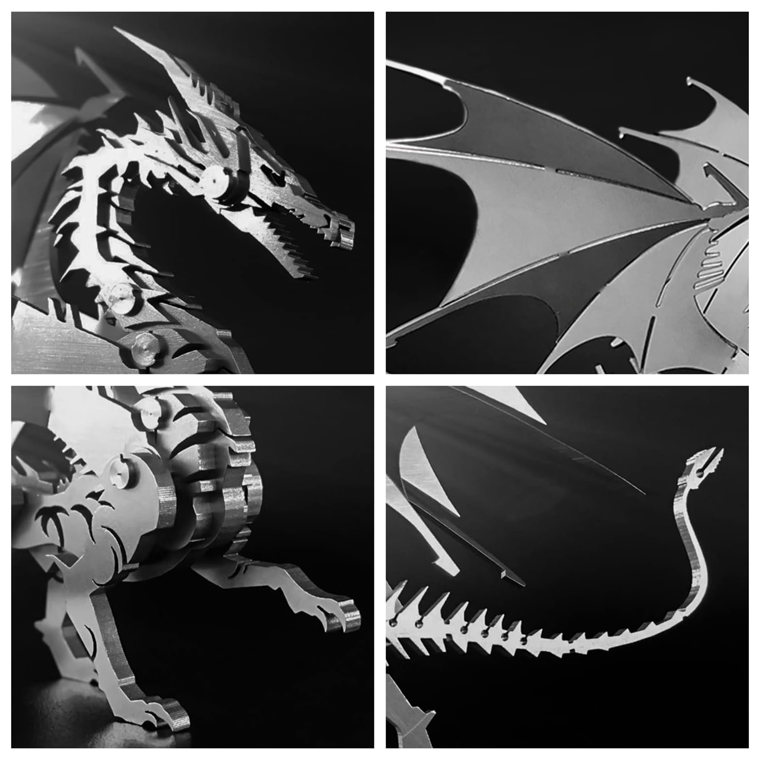 Una scultura di drago in metallo, mostrata in quattro primi piani. Il drago ha ali dettagliate, una testa con denti affilati e una coda scheletrica.