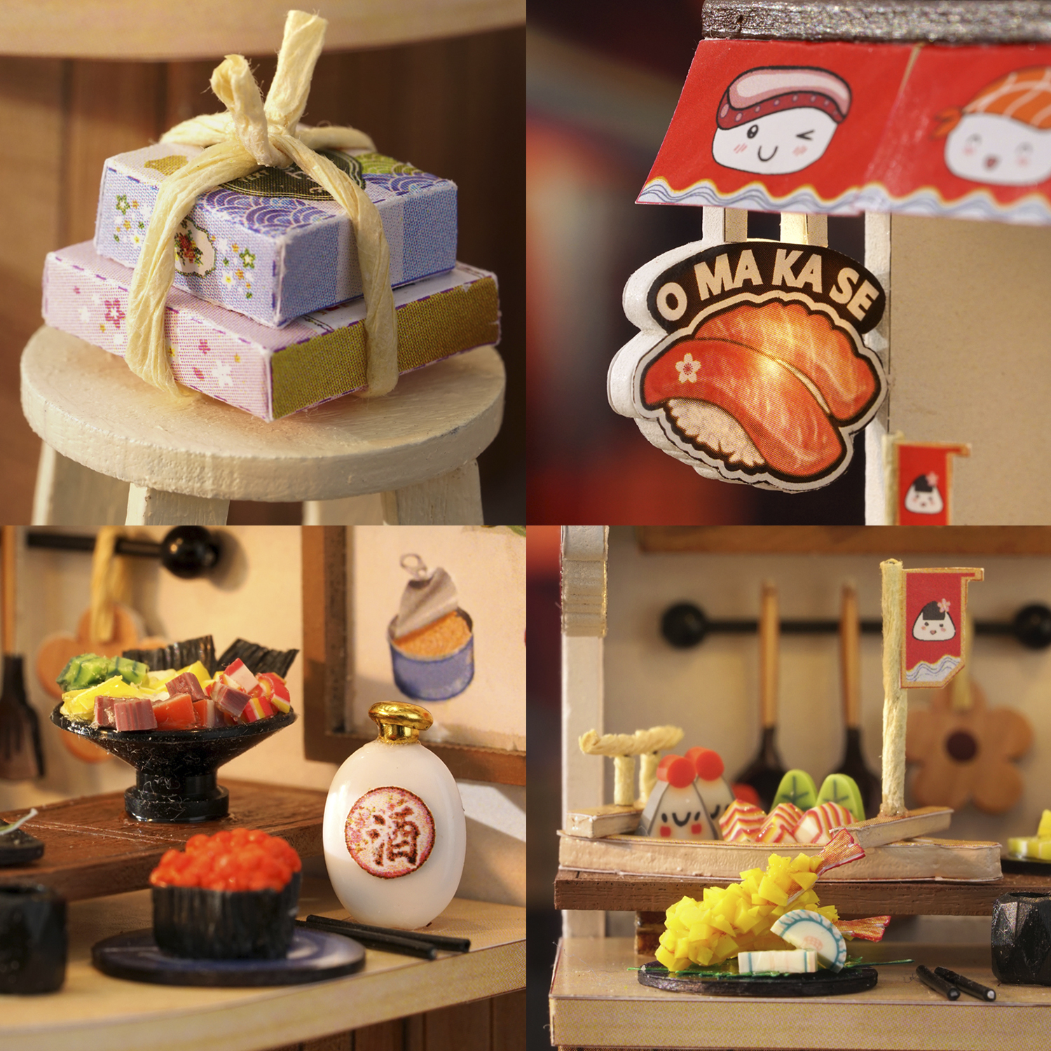 Scena di ristorante di sushi in miniatura. Include sushi, bottiglia di sake ed elementi decorativi. L'attenzione è sulla presentazione del cibo e sull'insegna del ristorante.