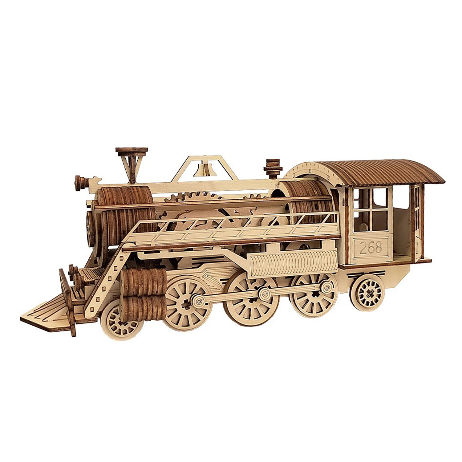 Un modello di treno in legno con dettagli intricati. Ha ruote, una cabina con il numero 268 e un fumaiolo. Il modello è marrone chiaro.