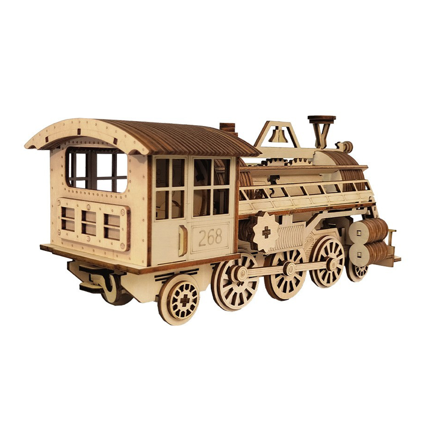 Modello di treno in legno. Ha una cabina, ruote e dettagli intricati. Il numero 268 è visibile. Colori marrone e beige.
