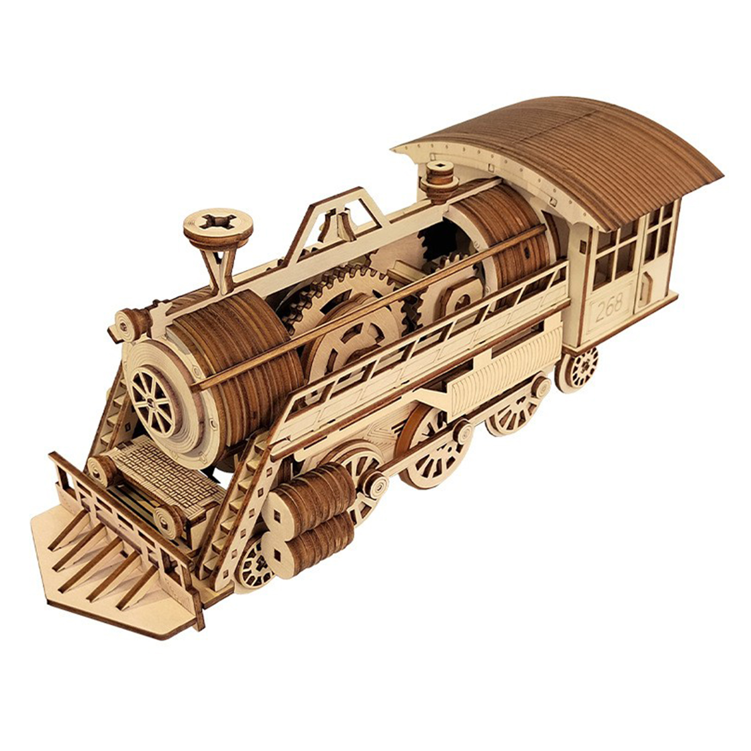 Un modello di treno in legno con dettagli intricati, ingranaggi e ruote. È marrone e beige, su sfondo bianco.