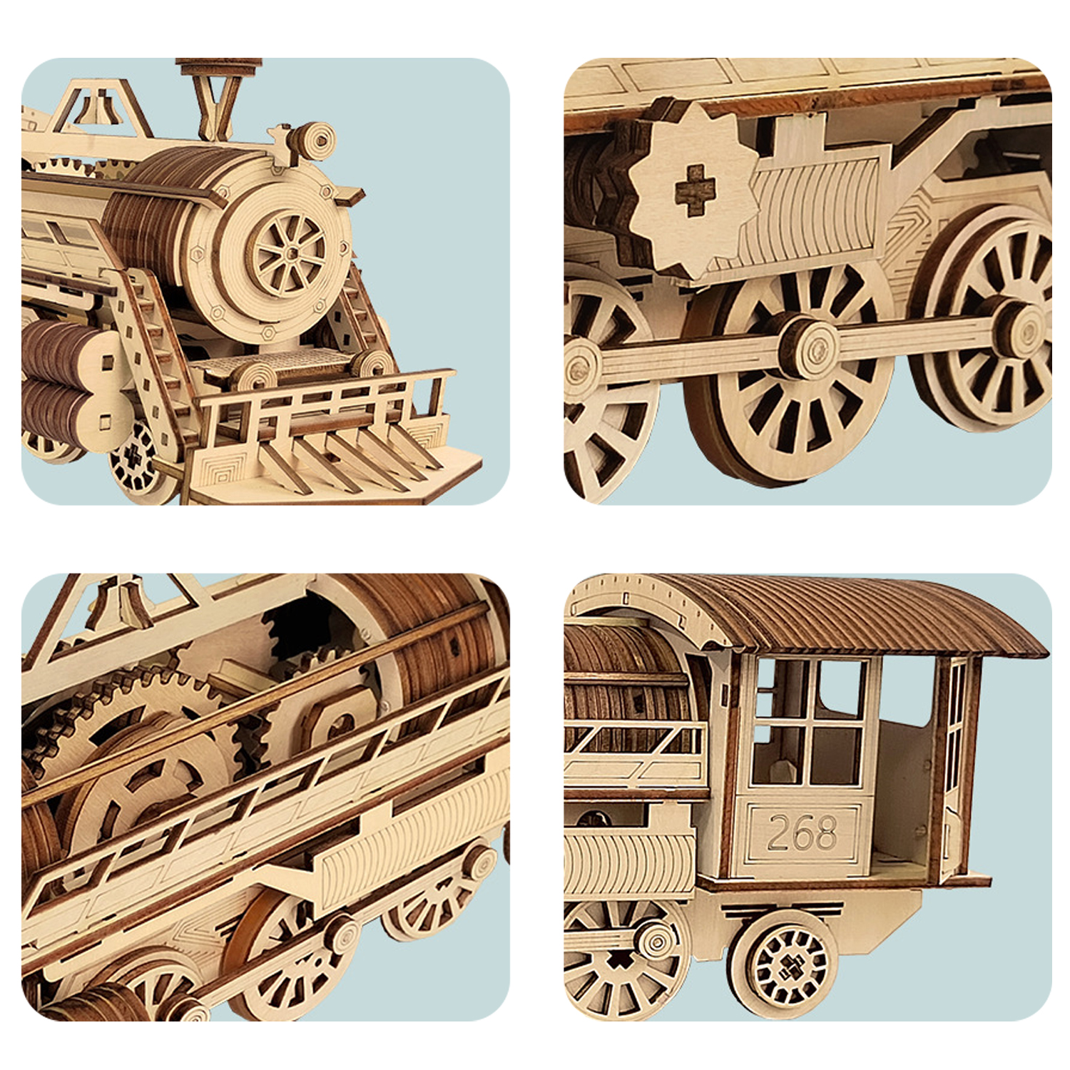 Modello di treno in legno. Particolari dettagliati, ruote, ingranaggi e cabina sono visibili. Numero 268 sulla cabina.