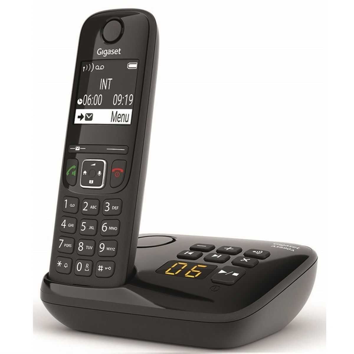 Ein schwarzes Gigaset-Telefon mit einem Bildschirm, der Zeit und Menüoptionen anzeigt. Die Basis hat Knöpfe und eine Digitalanzeige.