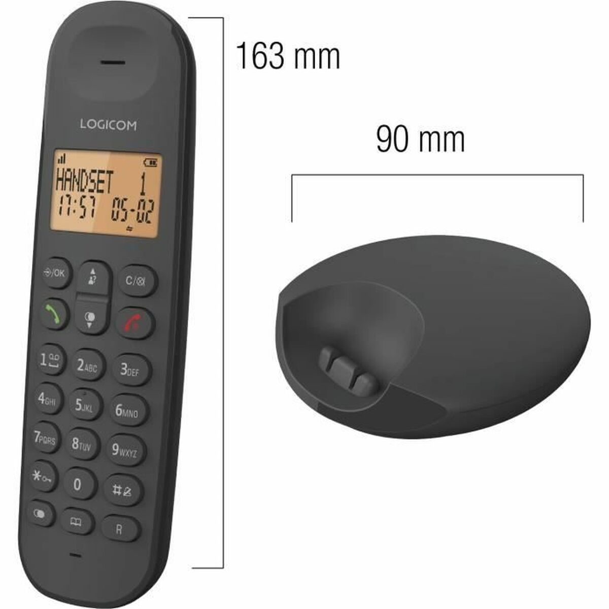 Se muestra un teléfono inalámbrico negro y una base de carga. Se muestran dimensiones de 163 mm y 90 mm. La pantalla del teléfono muestra la hora.
