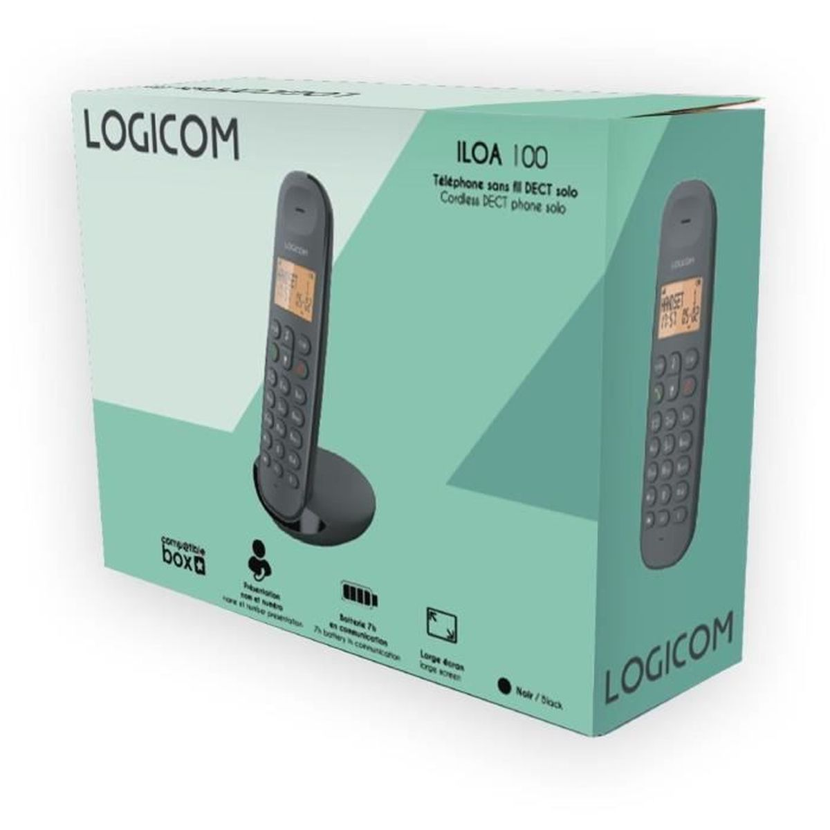 Una caja de teléfono DECT inalámbrico Logicom Iloa 100. El teléfono es negro. El texto en la caja incluye características y detalles del teléfono.