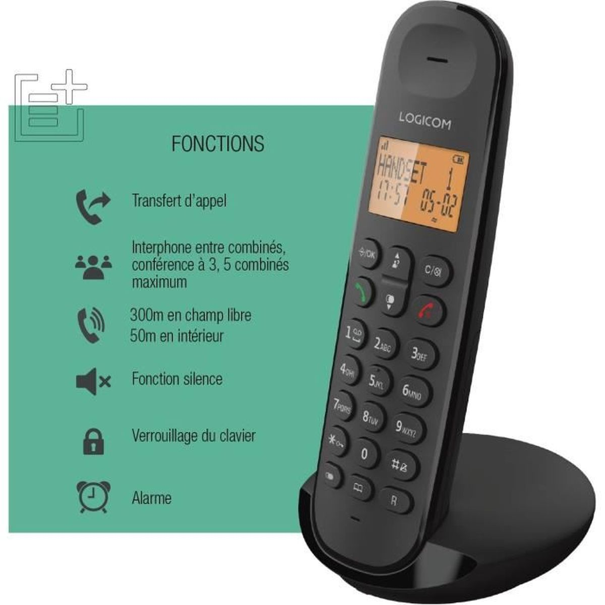 Un teléfono Logicon negro en un soporte. El teléfono tiene una pantalla que muestra la hora y los números. Las funciones se enumeran a la izquierda.