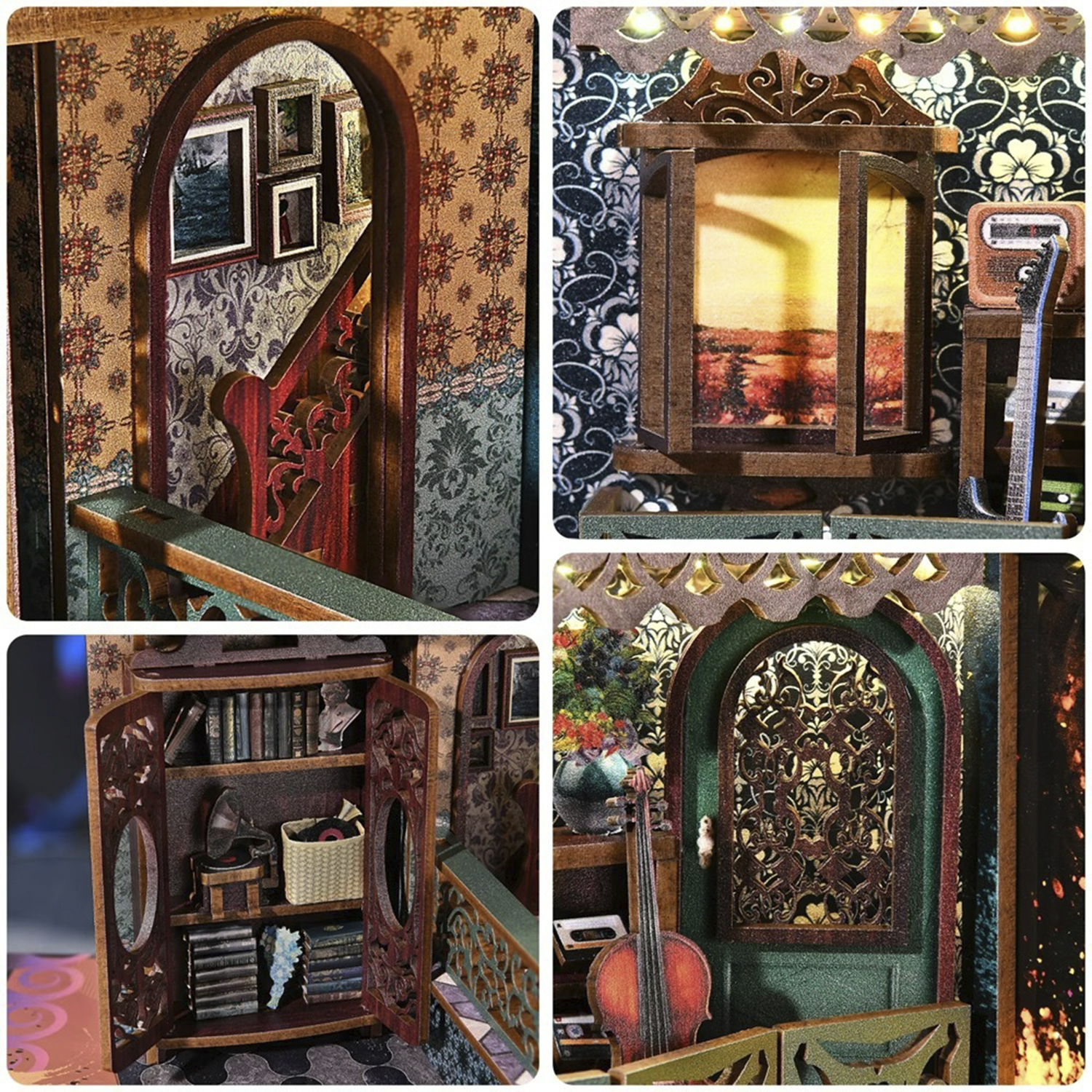 Miniaturzimmer mit Bogen, Treppe und gerahmten Bildern. Dekorierte Tapeten und Holzarbeiten schaffen ein gemütliches Ambiente.