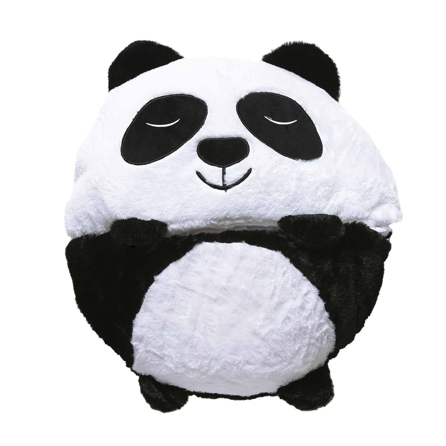 Un peluche a forma di panda. Ha un corpo bianco con macchie nere sulle orecchie, sugli occhi e sugli arti. Il panda sorride con gli occhi chiusi.