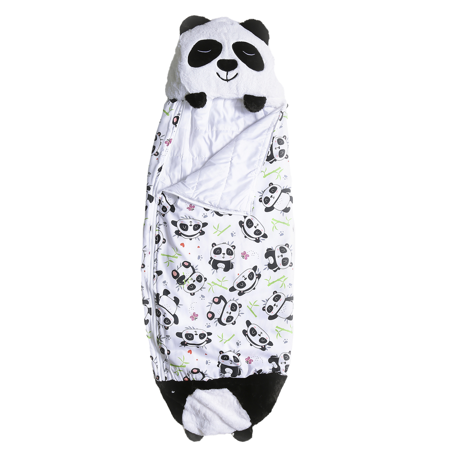 Un sacco a pelo a tema panda. Ha un cappuccio a forma di testa di panda e un corpo bianco con stampe di panda.
