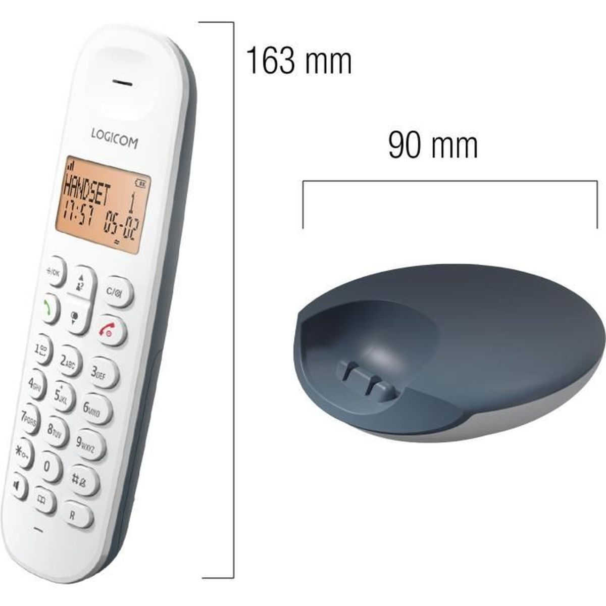 Ein weißes schnurloses Telefon und eine Ladestation. Auf dem Telefon steht 'HANDSET'. Die Maße sind 163 mm und 90 mm.