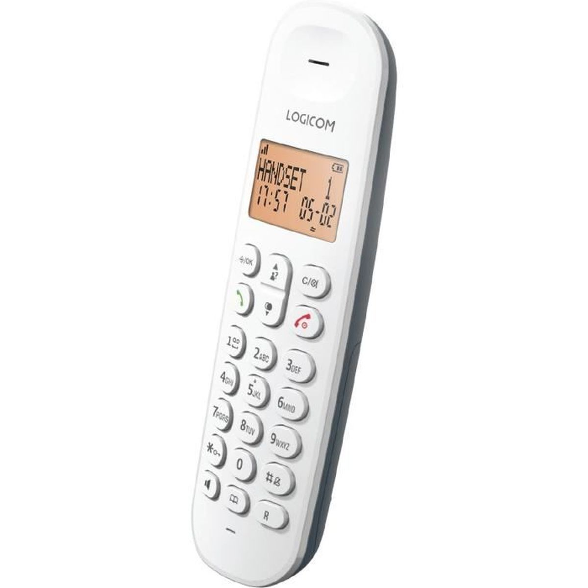 Ein weißes schnurloses Telefon von Logicom. Es hat einen Bildschirm mit der Anzeige 'HANDSET 1' und der Uhrzeit. Es hat Zifferntasten und andere Funktionstasten.