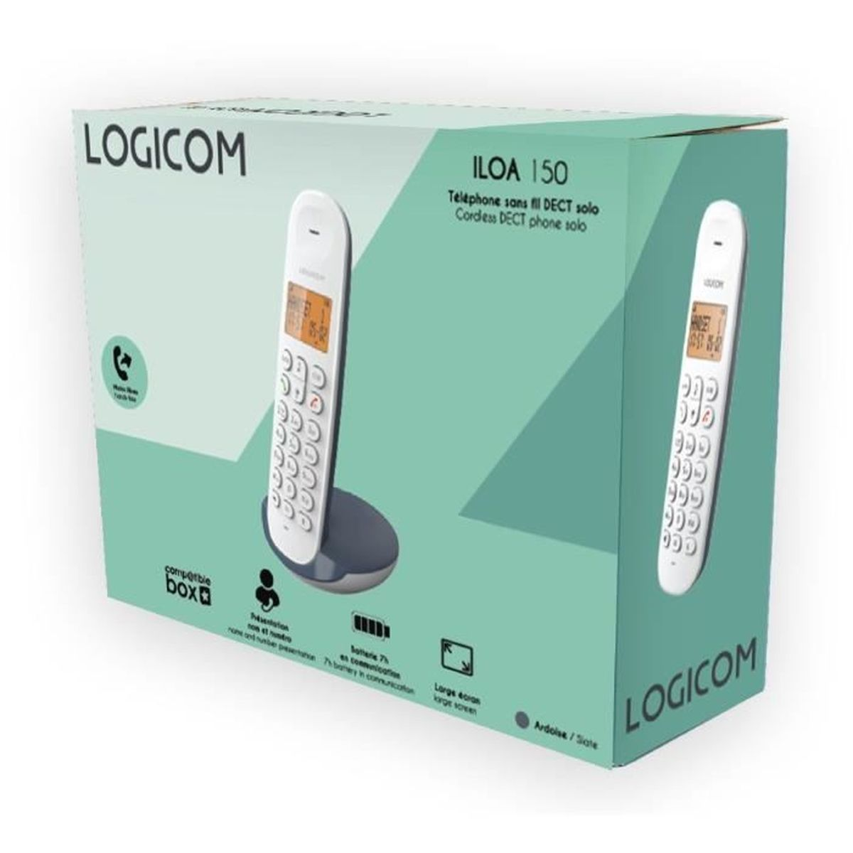 Schachtel eines schnurlosen Telefons Logicom Iloa 150. Weißes Handgerät auf einer Basis. Grün-weiße Verpackung mit Produktinformationen.