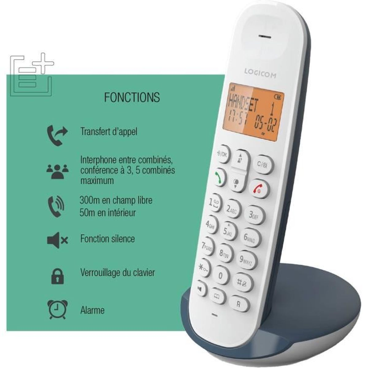 Ein weißes schnurloses Telefon mit Bildschirm, Tasten und Basis. Funktionen: Anrufweiterleitung, Gegensprechanlage, Stummschaltung, Alarm.