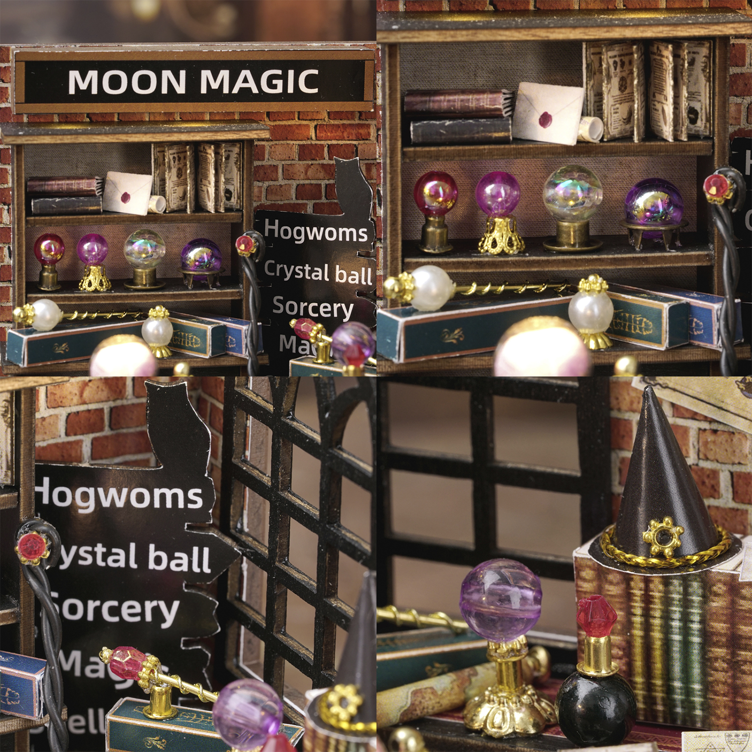 Scena in miniatura di un negozio di magia con sfere di cristallo, libri e un cartello con scritto 'Moon Magic' e 'Hogwoms Crystal ball Sorcery'.