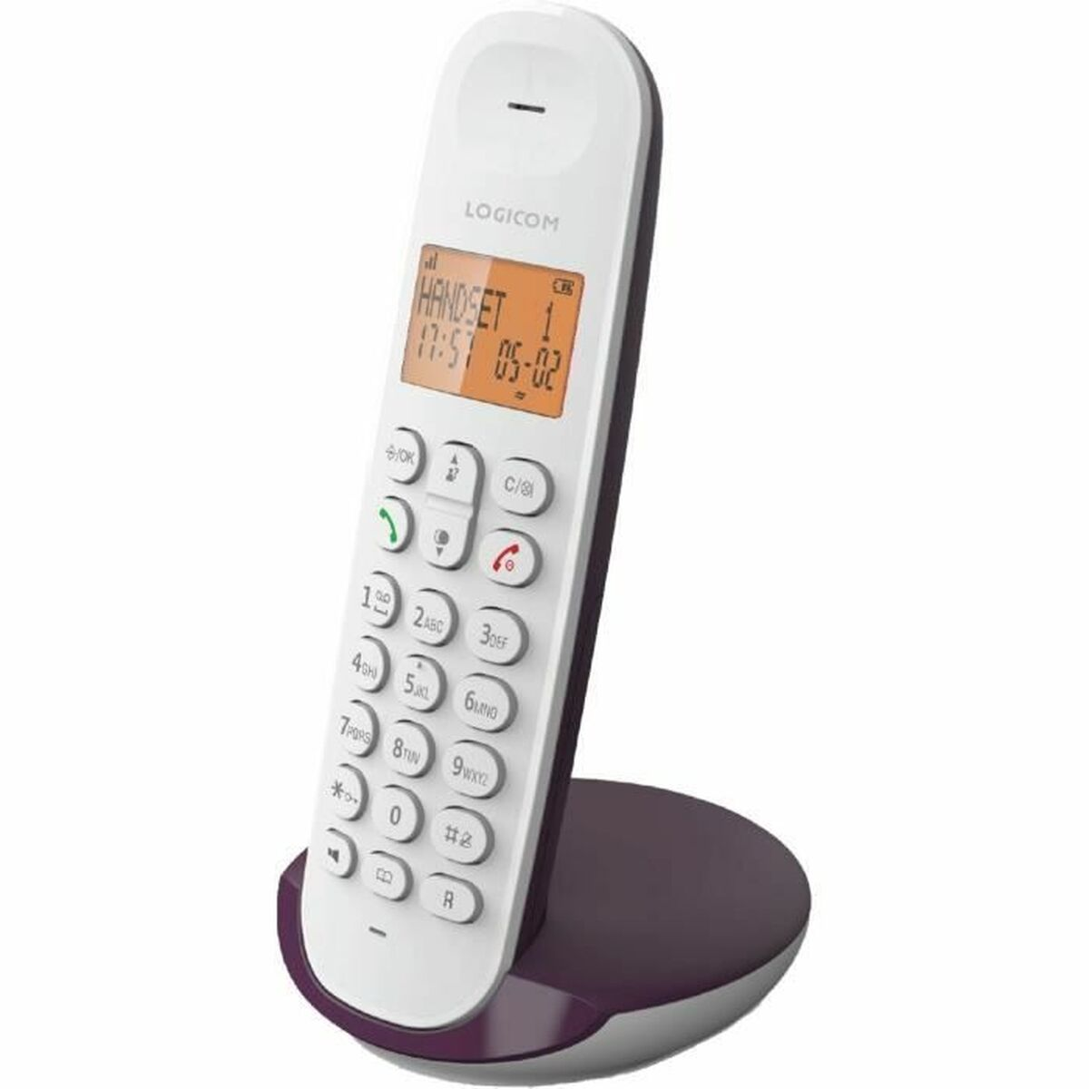 Ein weißes und lila schnurloses Telefon steht auf einem Ständer. Der Bildschirm zeigt 'HANDSET 1' und die Uhrzeit an. Es hat eine numerische Tastatur.