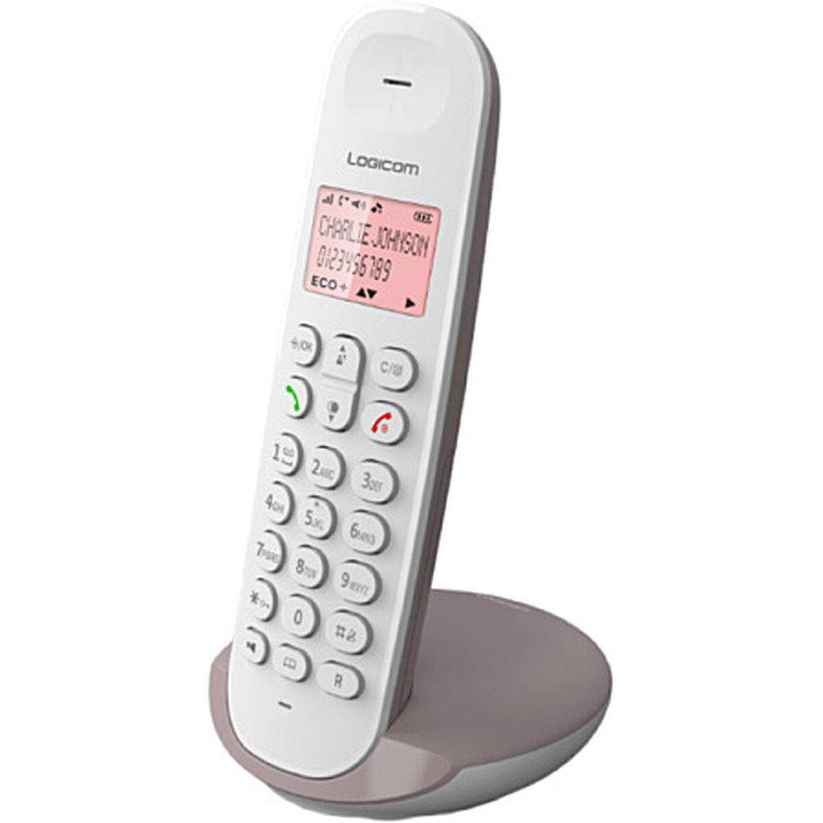 Un telefono cordless bianco con display che mostra nome e numero, su base grigia. Tasti visibili.