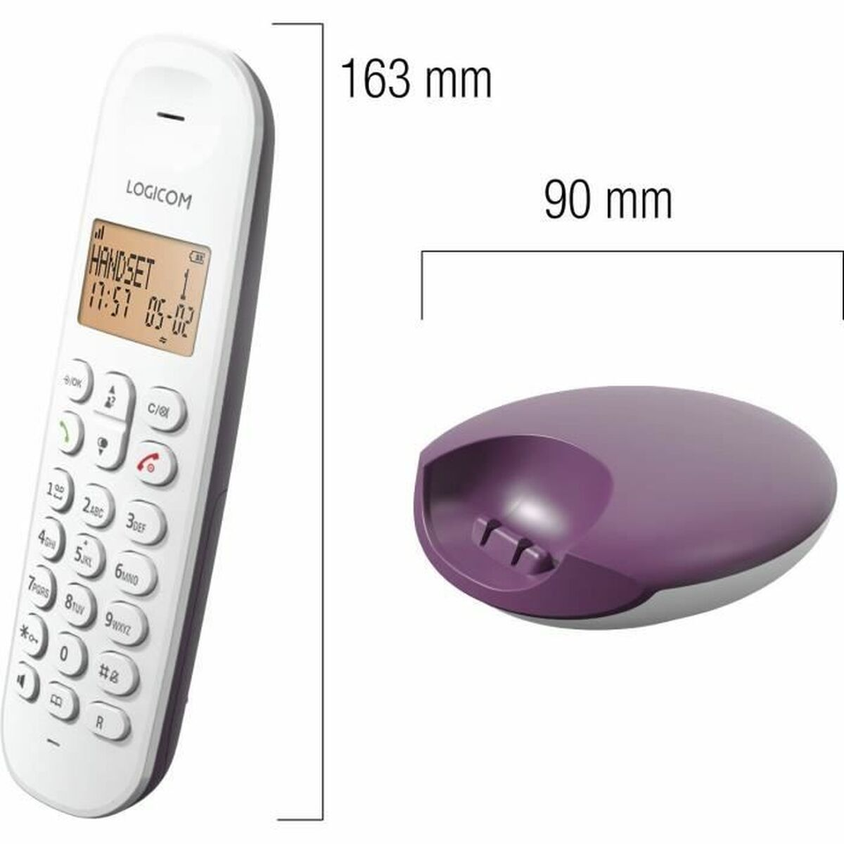 Ein weißes schnurloses Telefon und eine lila Ladestation sind abgebildet. Abmessungen: 163 mm (Telefon), 90 mm (Basis). Das Telefon zeigt die Zeit an.