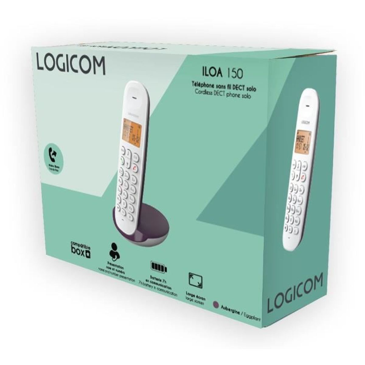 Karton eines Logicom Iloa 150 Schnurlostelefons. Weißes Handgerät auf lila Basis. Die Box ist hellgrün und weiß.