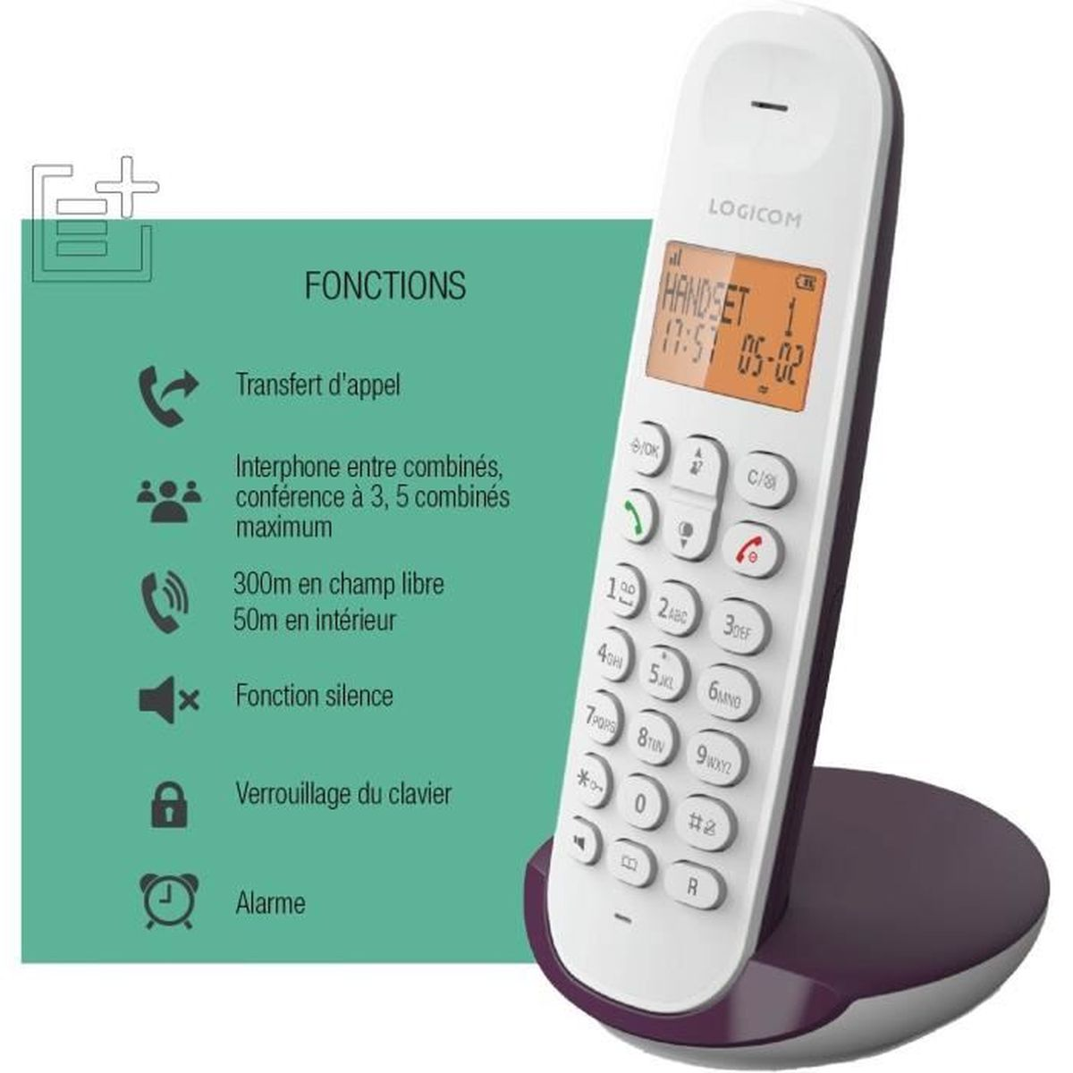 Ein weiß-violettes schnurloses Telefon mit Bildschirm, der Zeit und Datum anzeigt, und darunter Knöpfe. Text links listet Funktionen.