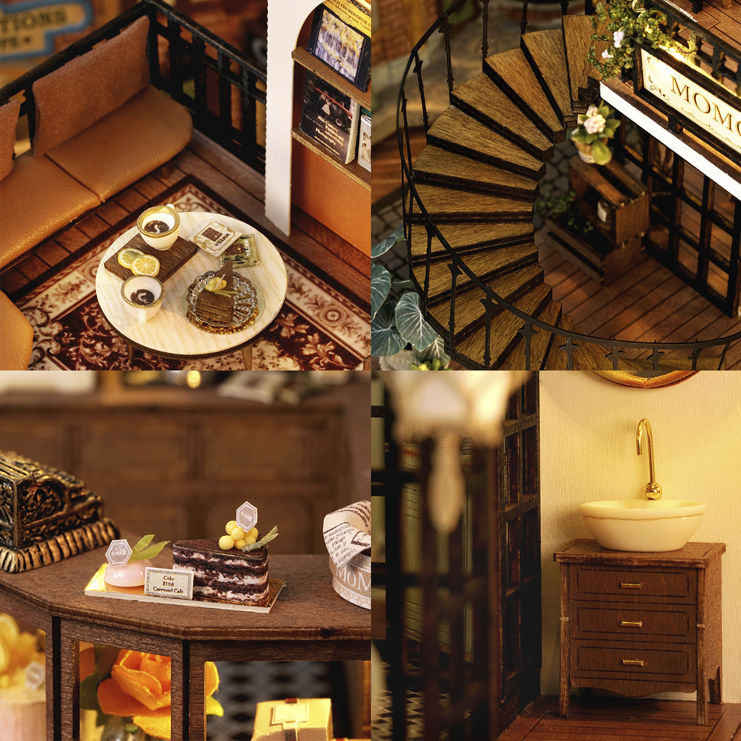 Casa delle bambole in miniatura con tavolino da tè, scala a chiocciola, torta e lavandino. È un modello dettagliato.