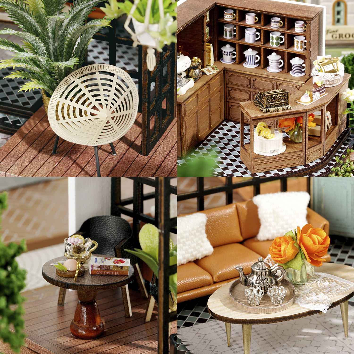 Scena di caffè in miniatura con sedia, bancone, divano, tavolo e piante. Ci sono torte, tazze, una teiera e fiori.