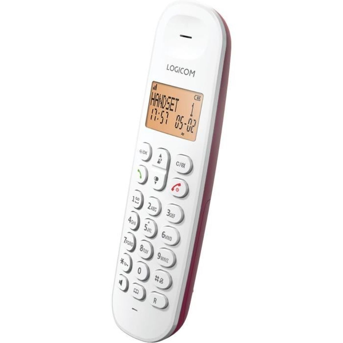Ein weiß-rotes schnurloses Telefon mit einem Bildschirm, der 'HANDSET 1' und die Uhrzeit anzeigt. Es hat Zifferntasten und eine Ruftaste.