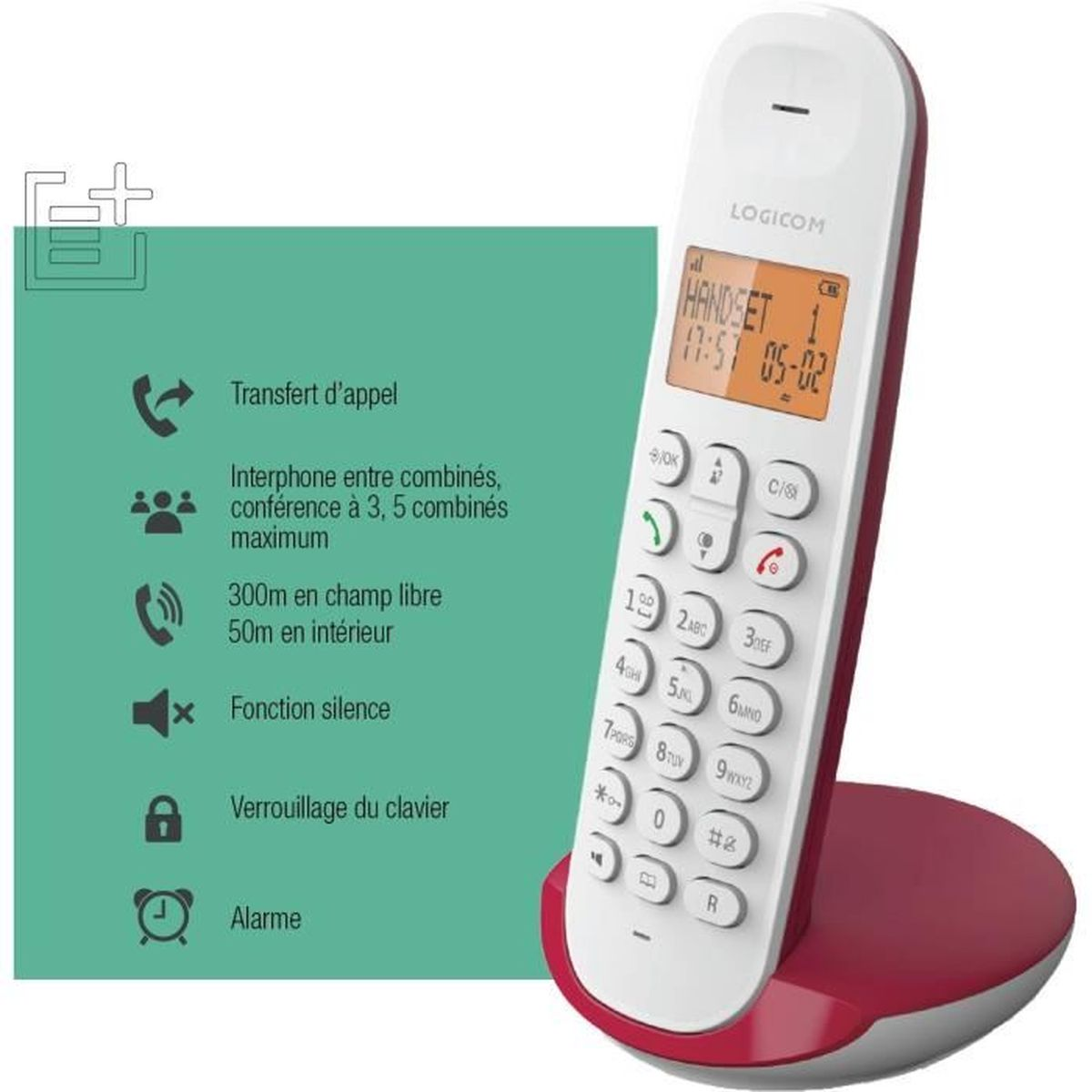 Ein weiß-rotes schnurloses Telefon mit einem Bildschirm, der die Uhrzeit anzeigt. Zu den Funktionen gehören Rufumleitung, Intercom und Wecker.