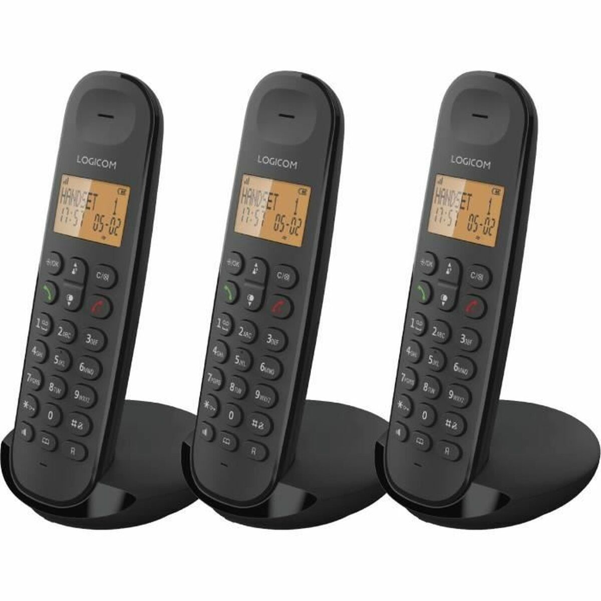 Se muestran tres teléfonos inalámbricos negros de Logicom. Cada teléfono muestra la hora y la fecha en la pantalla.