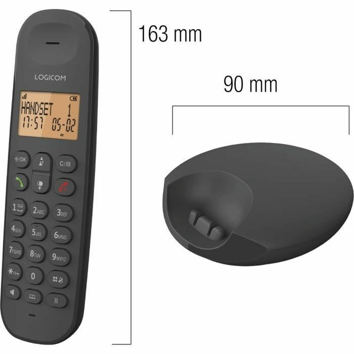 Un teléfono inalámbrico negro con su base. El teléfono muestra la hora y la fecha. Dimensiones: 163 mm y 90 mm.
