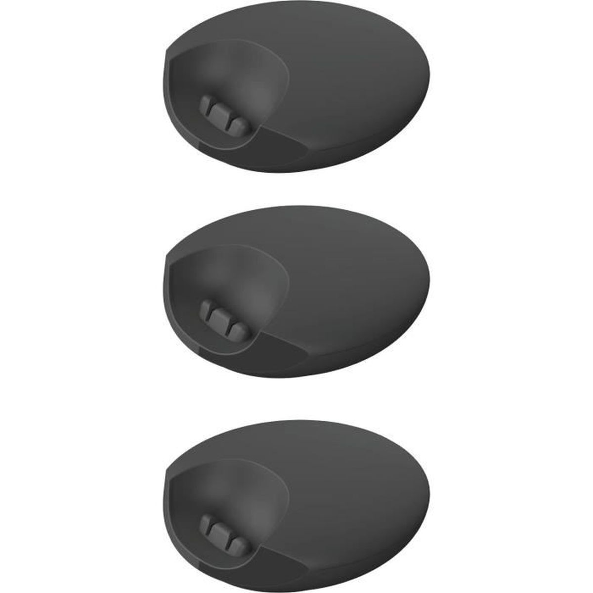 Tres objetos idénticos de color gris oscuro, de forma ovalada. Cada uno tiene un hueco curvo y dos ranuras rectangulares pequeñas.