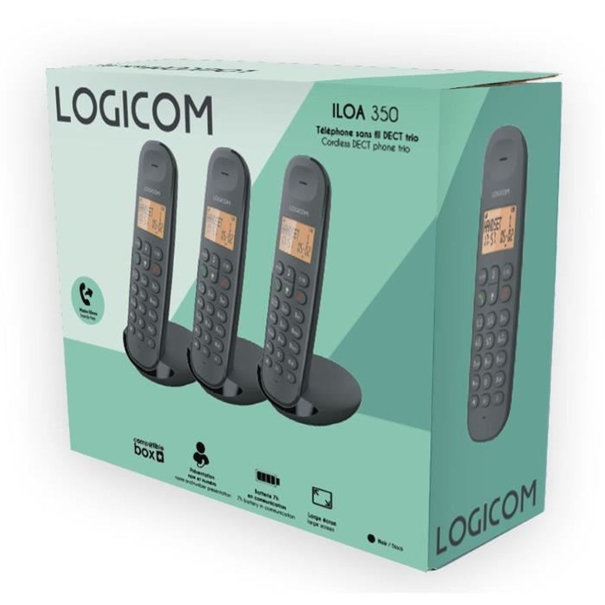 Caja de trío de teléfonos DECT inalámbricos Logicom Iloa 350. Se muestran tres teléfonos. La caja es verde azulado y blanca.