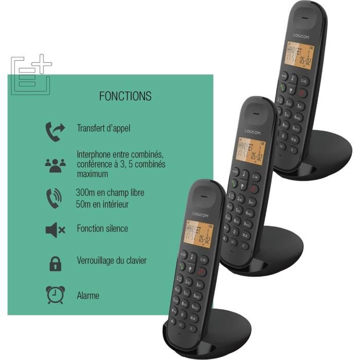 Tres teléfonos inalámbricos negros sobre bases negras. Un panel turquesa enumera las funciones del teléfono.