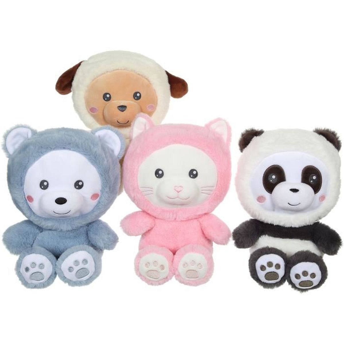 Vier Plüschtiere: ein Schaf, ein Bär, eine Katze und ein Panda, alle in Tierkostümen. Sie haben weiches Fell und detaillierte Gesichtszüge.