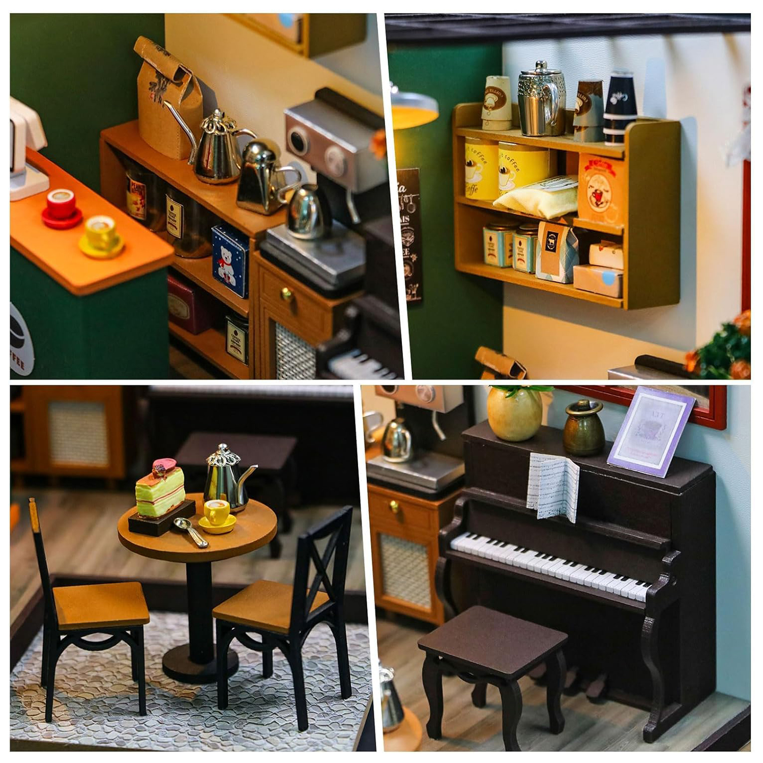 Scena di caffetteria in miniatura. Include un bancone, scaffali con forniture per il caffè, un tavolo con torta e sedie e un pianoforte.