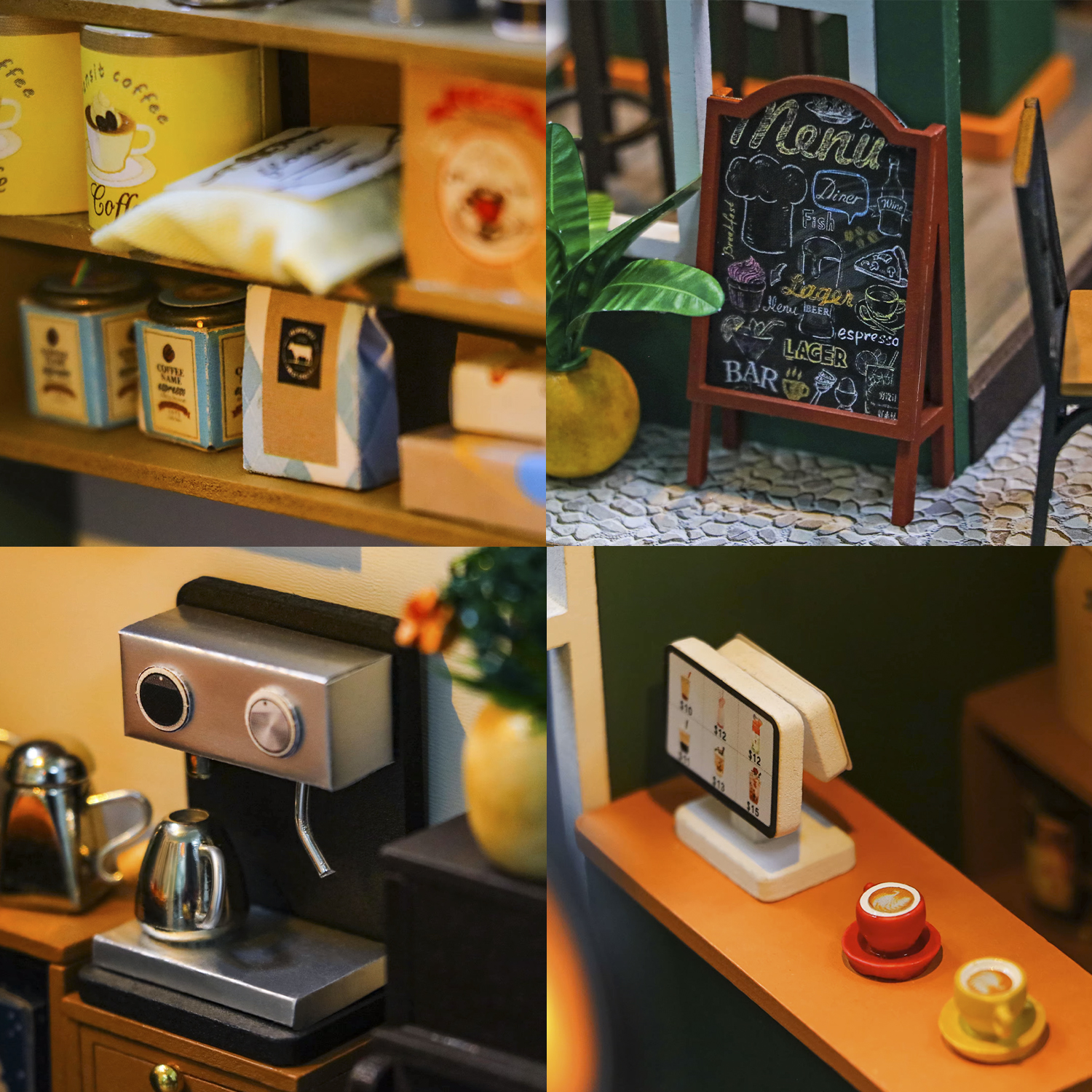 Caffè in miniatura con scaffali, lavagna del menu, macchina del caffè e tazze. Sono esposti vari articoli legati al caffè.
