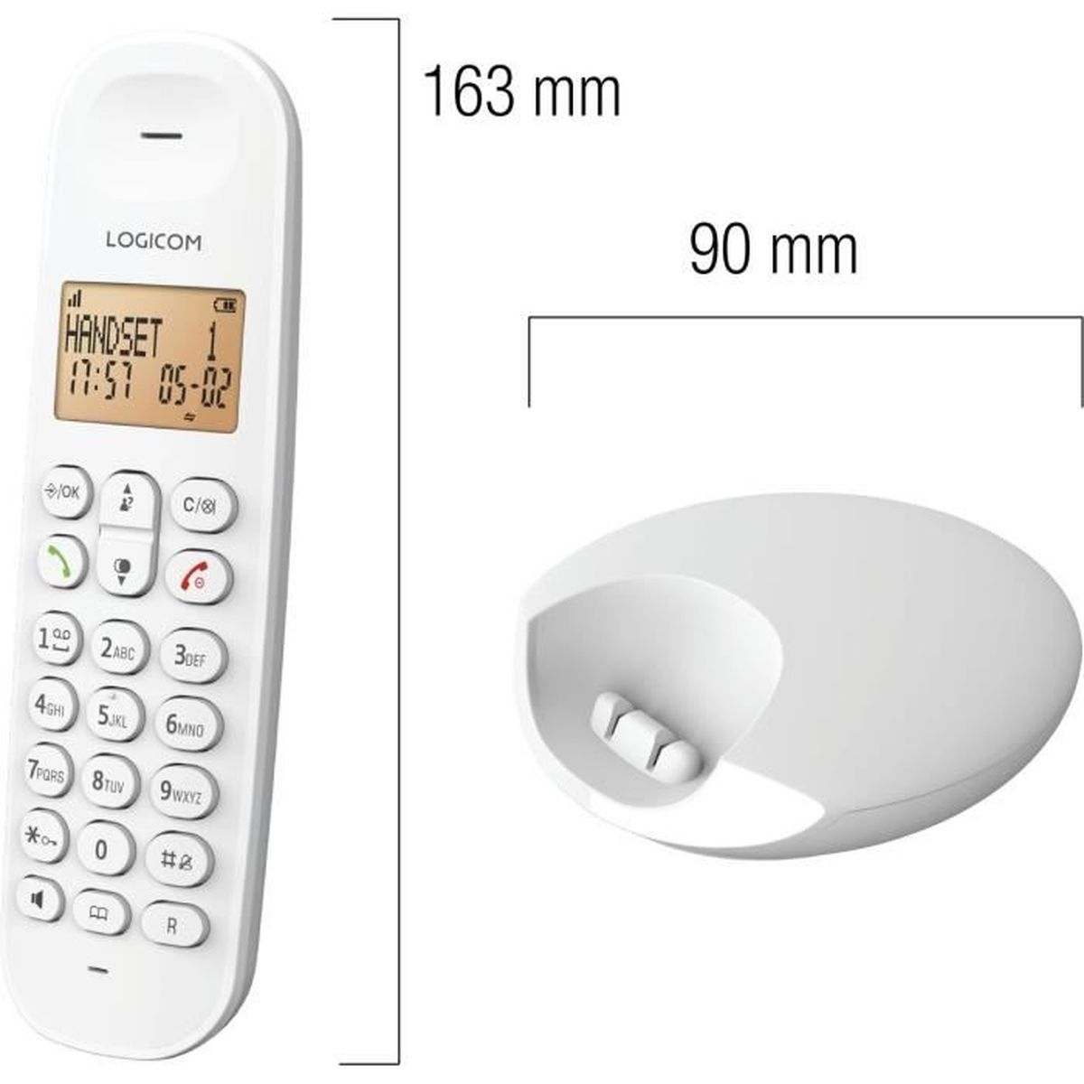Weißes schnurloses Telefon und Basis. Das Telefon hat Tasten und einen Bildschirm mit der Uhrzeit. Maße: 163 mm und 90 mm.