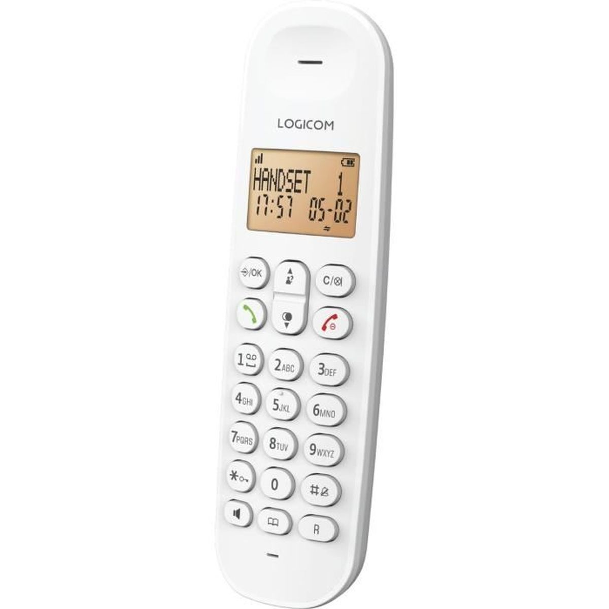 Ein weißes schnurloses Telefon mit einem Bildschirm, der 'HANDSET 1' und die Uhrzeit anzeigt. Es hat Zifferntasten und Funktionstasten.
