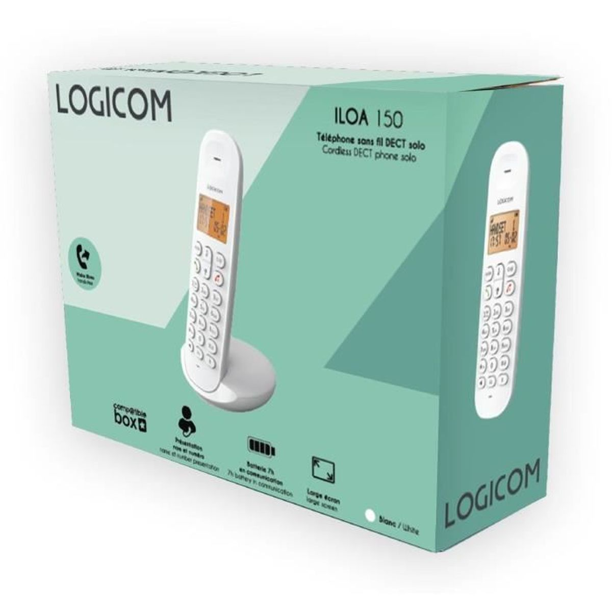 Eine weiße Logicom Iloa 150 Schnurlos-Telefonbox. Sie zeigt eine Telefonillustration, Produktdetails und Logos.