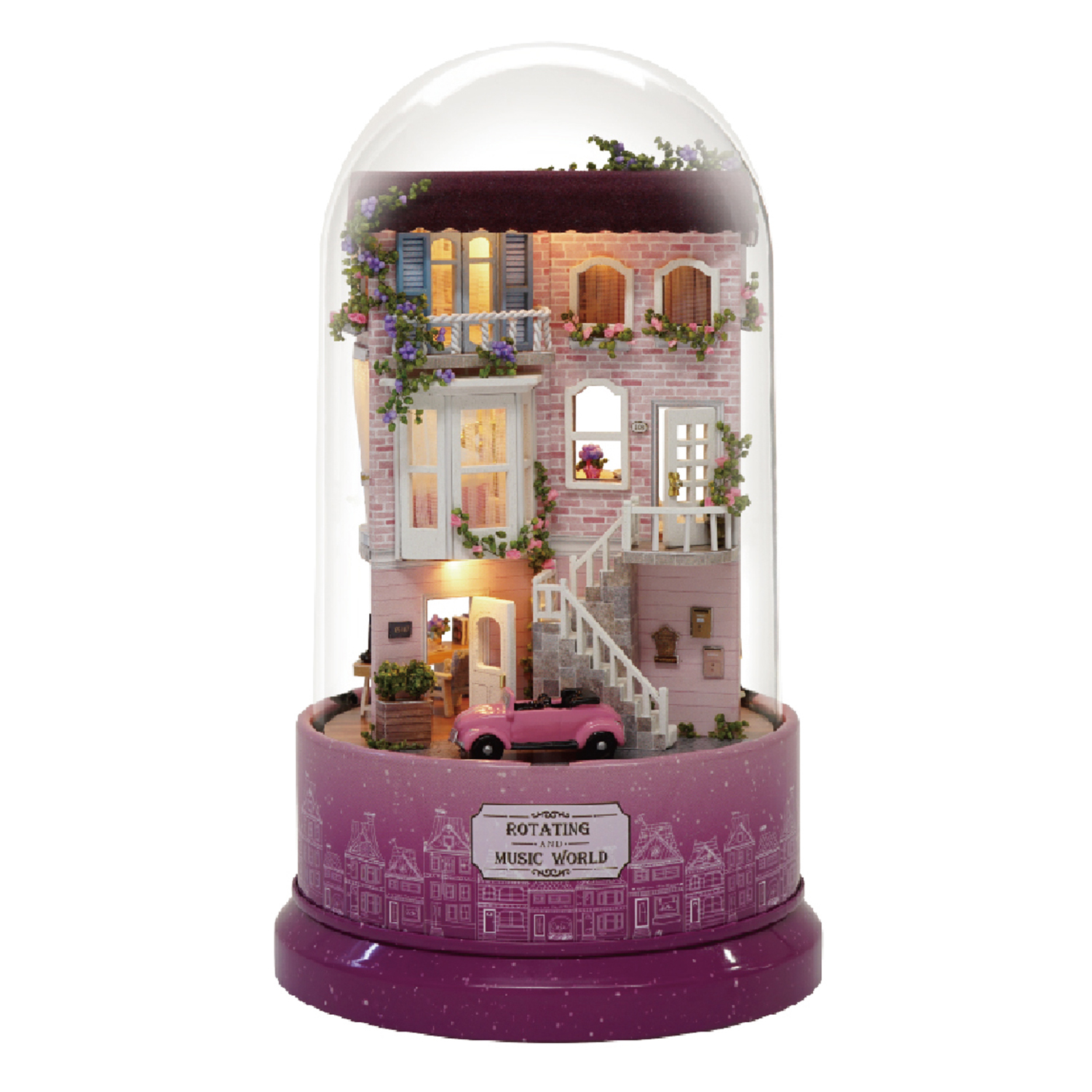 Una casa in miniatura all'interno di una cupola di vetro, con un'auto rosa e una base rosa, con le parole 'Rotating Music World'.
