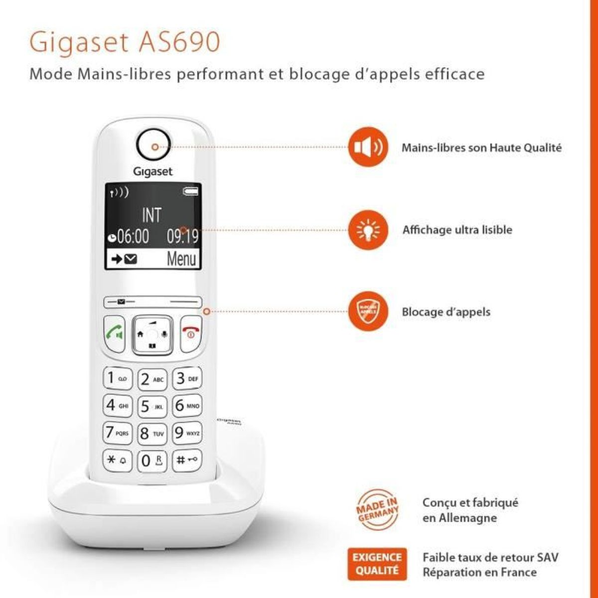 Ein weißes schnurloses Gigaset AS690-Telefon in seiner Ladestation. Es hat einen Bildschirm und Zifferntasten.