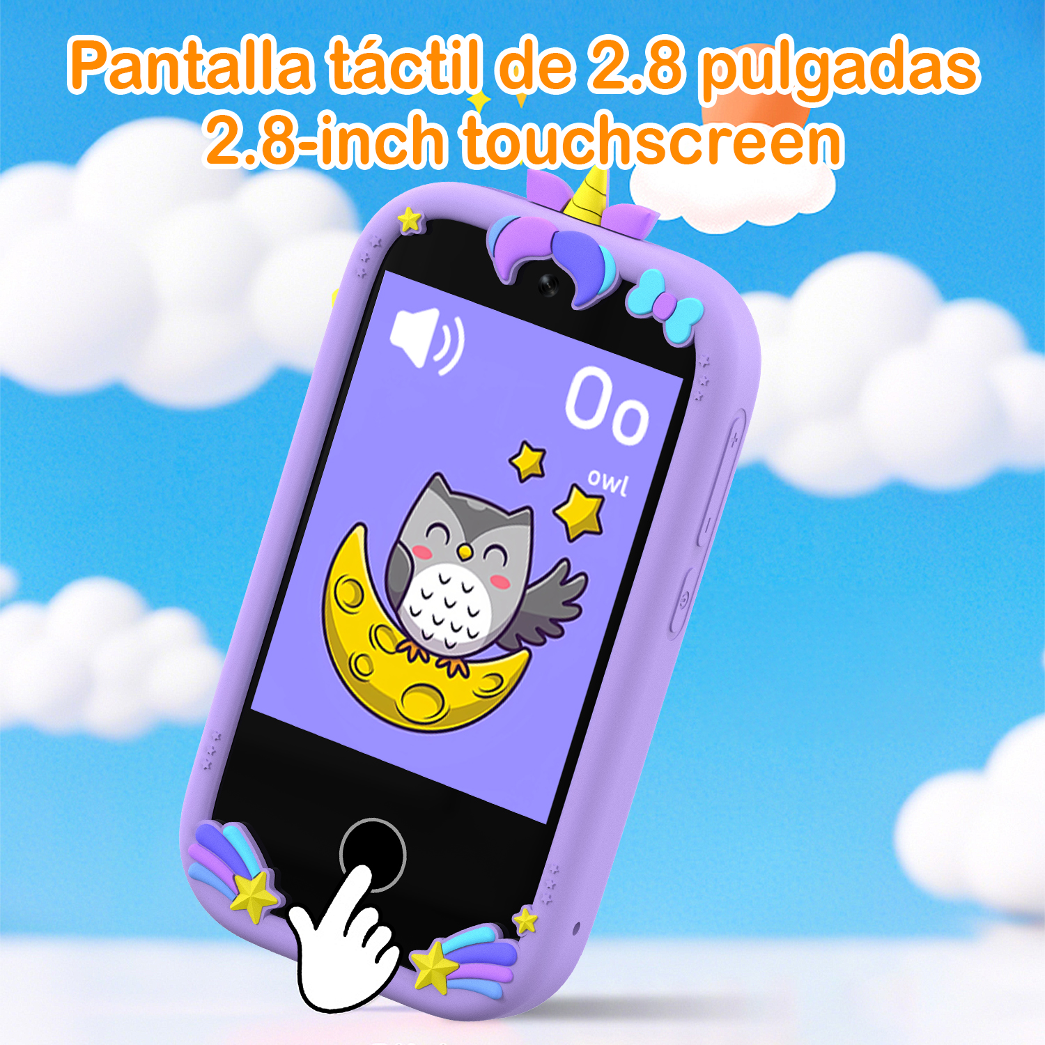 Una funda de teléfono morada con diseño de unicornio. La pantalla muestra un búho en la luna, un dedo toca la pantalla.