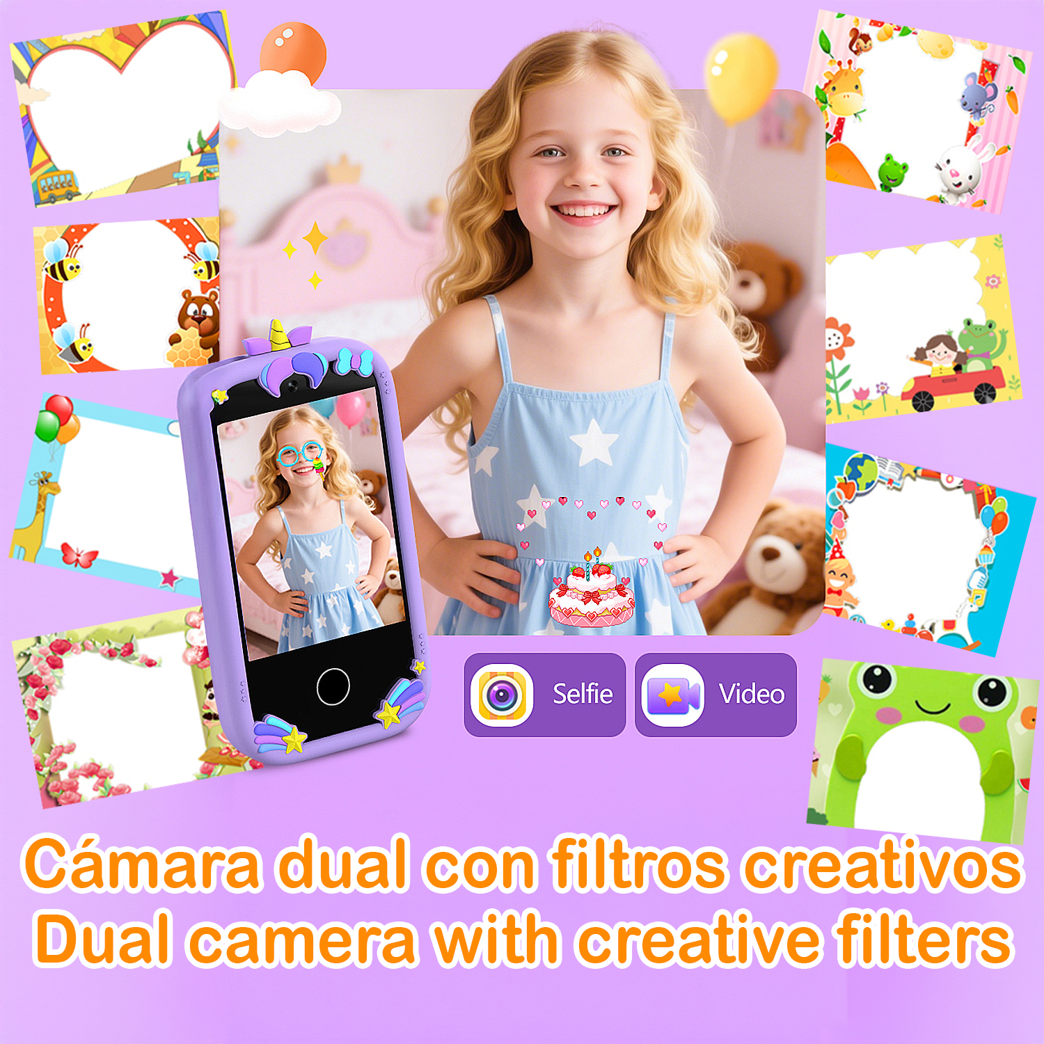 Una niña sonríe, sosteniendo una cámara de juguete, rodeada de marcos decorativos, con el texto 'Cámara dual con filtros creativos'.