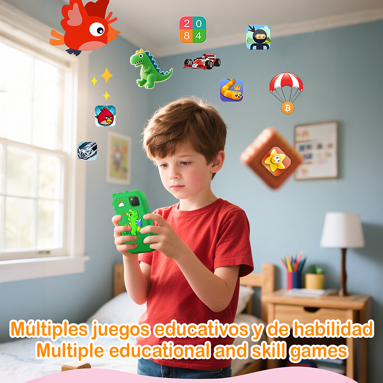 Un niño de rojo sostiene un teléfono con una funda verde. Los iconos de juegos flotan a su alrededor, junto con un pájaro rojo y texto. El fondo es una habitación.