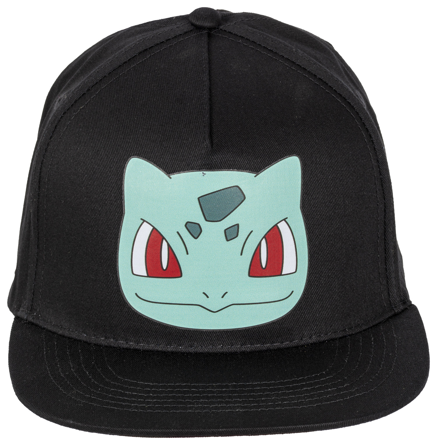 Eine schwarze Baseballkappe mit einem Bulbasaur-Design auf der Vorderseite. Das Bulbasaur hat einen tealfarbenen Kopf, rote Augen und eine weiße Umrandung.