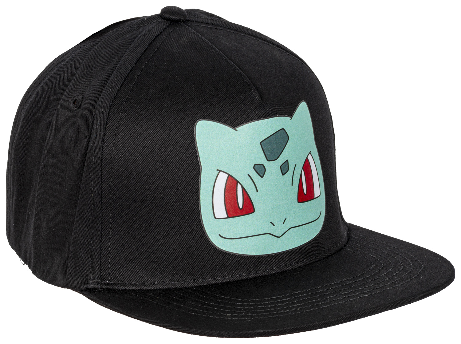 Eine schwarze Baseballkappe mit einem Bulbasaur-Design auf der Vorderseite. Das Bulbasaur ist hellblau mit roten Augen.