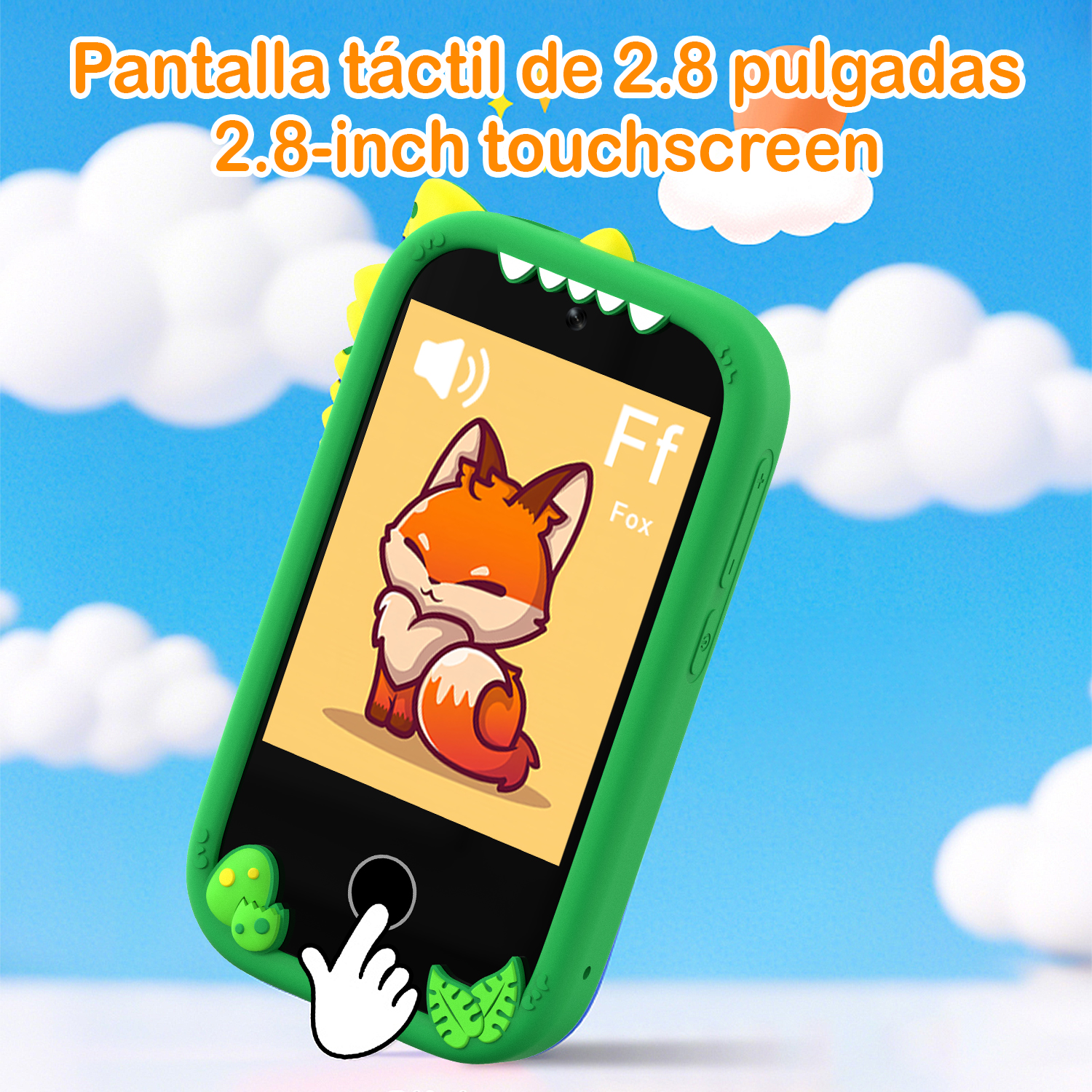 Un teléfono verde con forma de dinosaurio muestra un zorro con la letra 'F'. Una mano señala la pantalla. Cielo azul y nubes blancas de fondo.