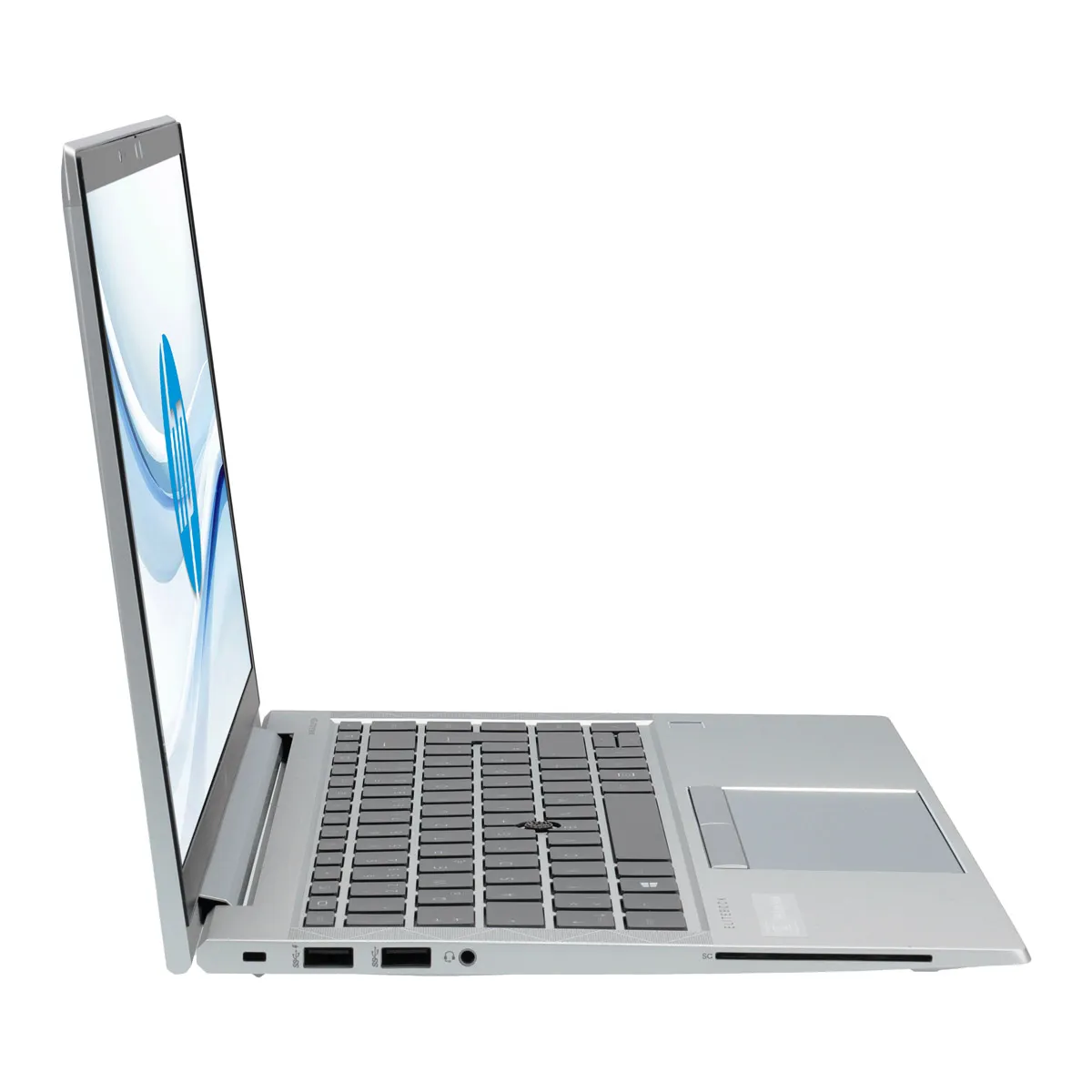 Ein silberner HP-Laptop ist geöffnet und zeigt das HP-Logo auf dem Bildschirm. Tastatur und Touchpad sind vor weißem Hintergrund sichtbar.